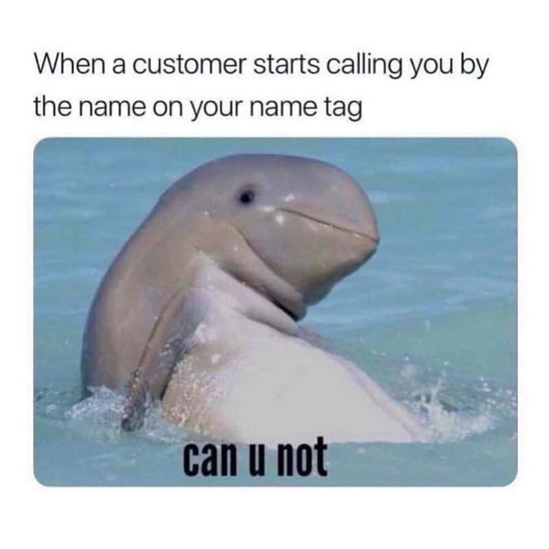 Dolphin with a humorous caption about customer calls and name tags.