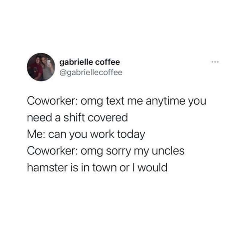 Text conversation about shift coverage and hamster in town.