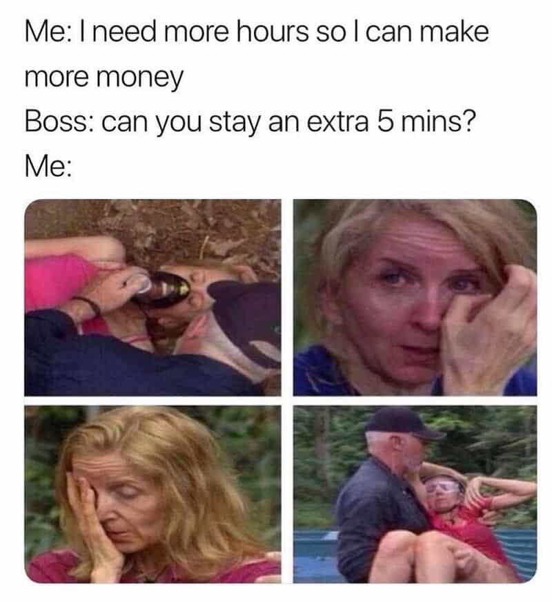 Memes about retail work and frustration with bosses and customers.