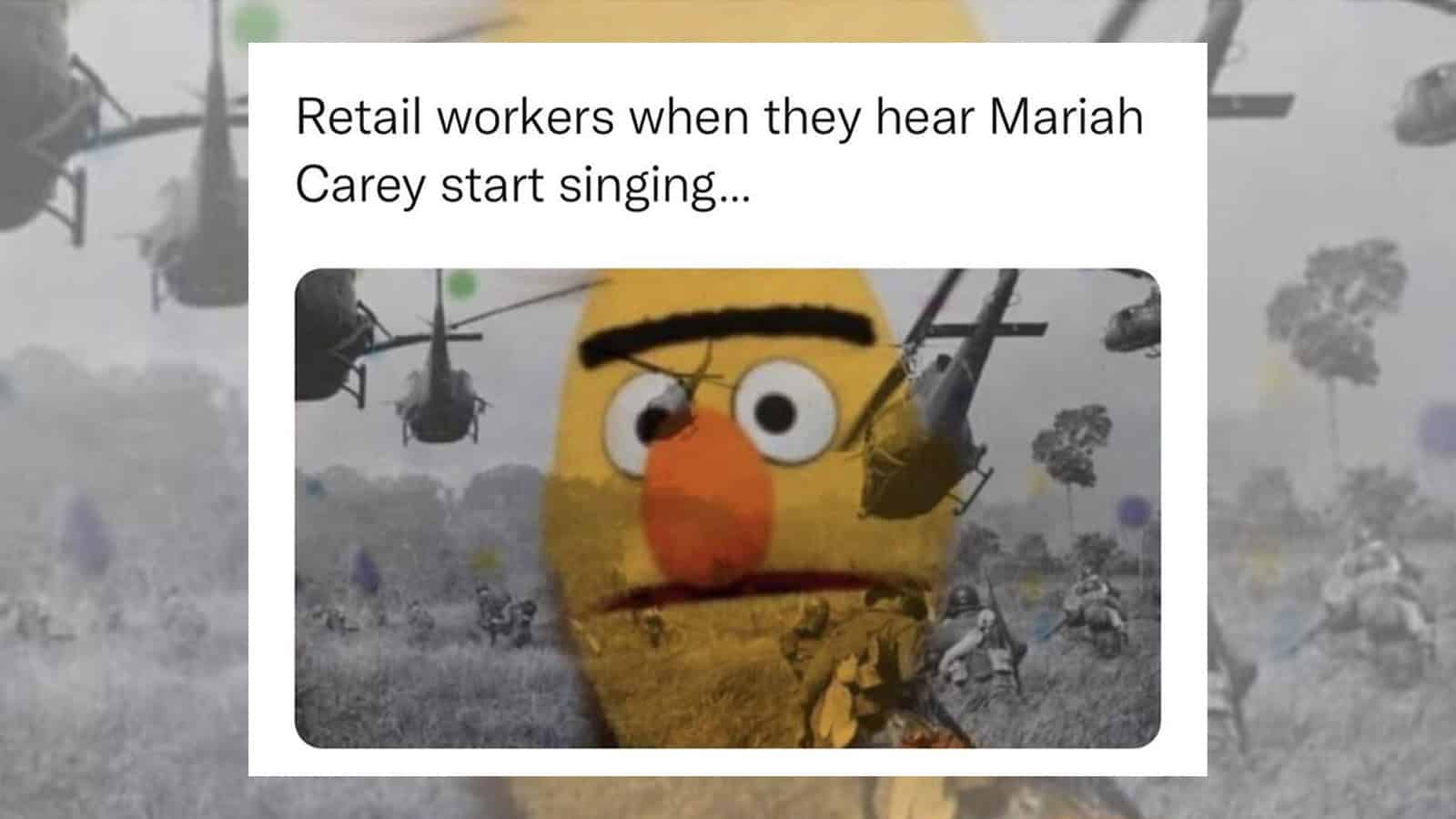 Retail workers react to Mariah Carey singing, with a puppet face and helicopters.