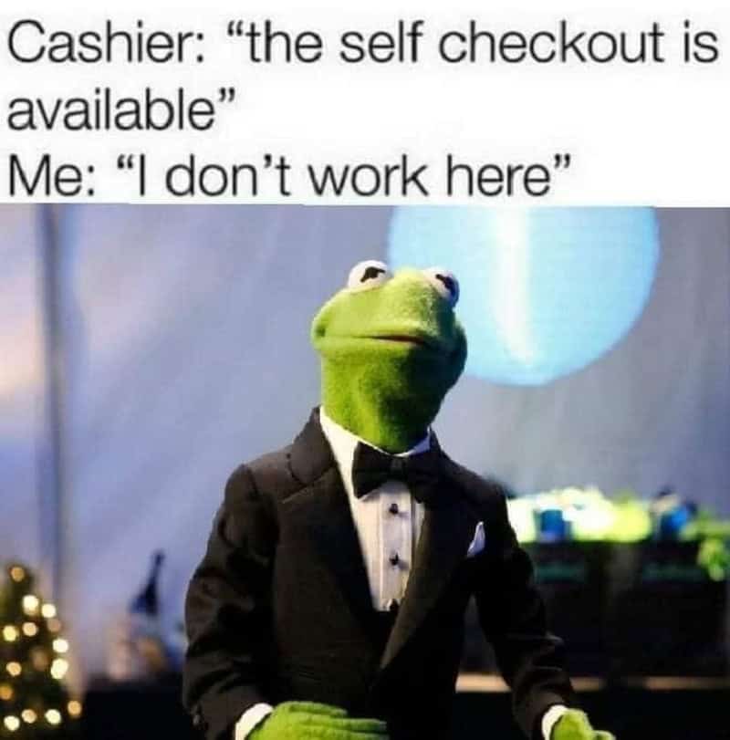 Kermit the Frog in a tuxedo with text about self checkout memes.