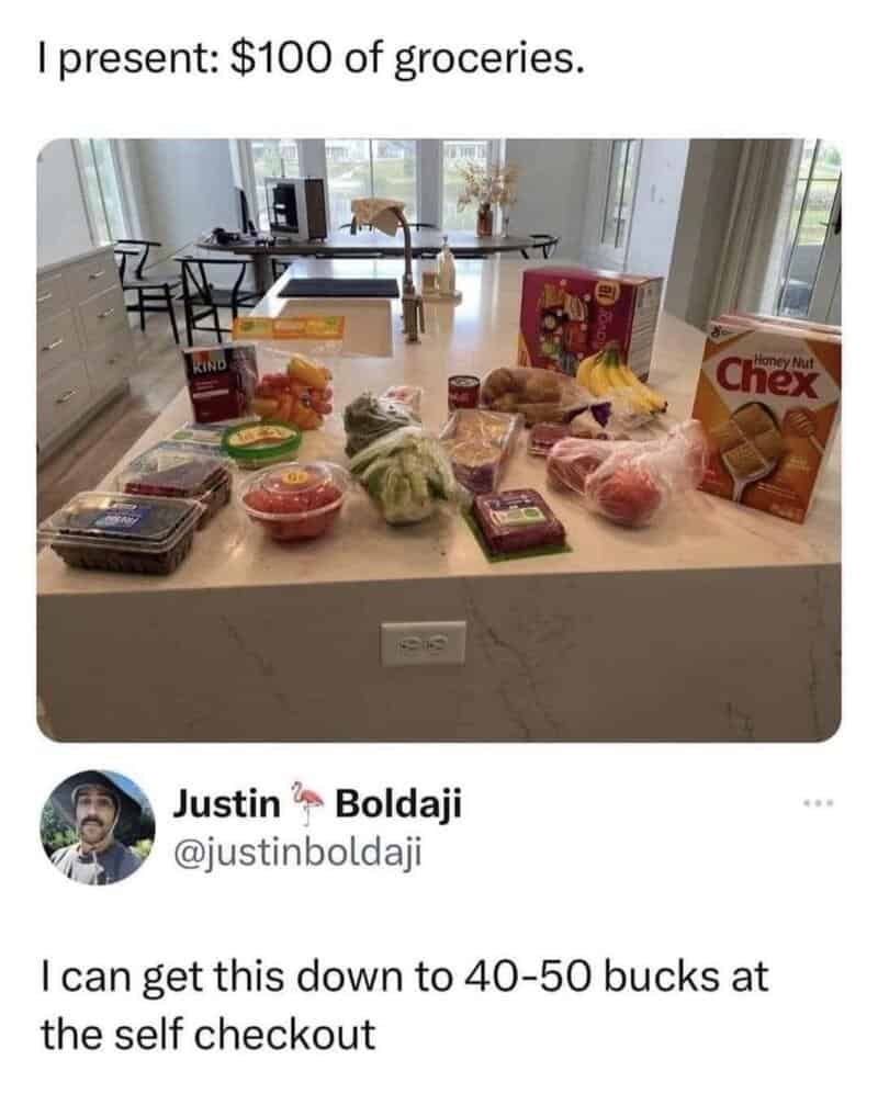 Grocery items on a kitchen island with a caption about $100 of groceries.