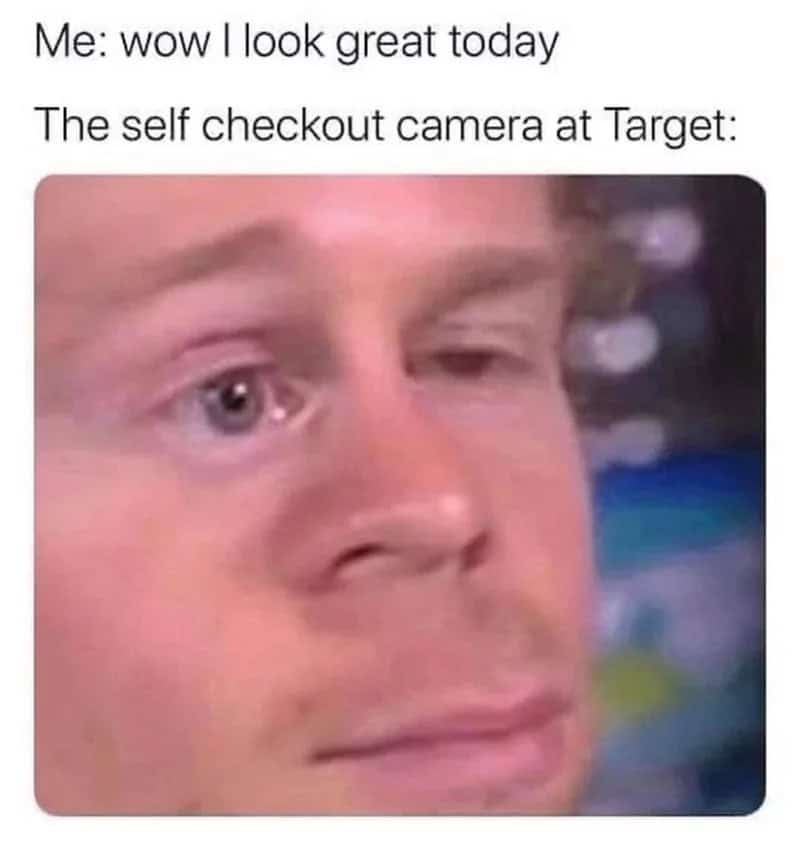 Self checkout meme with a close-up of a person's face, one eye closed, looking unimpressed.