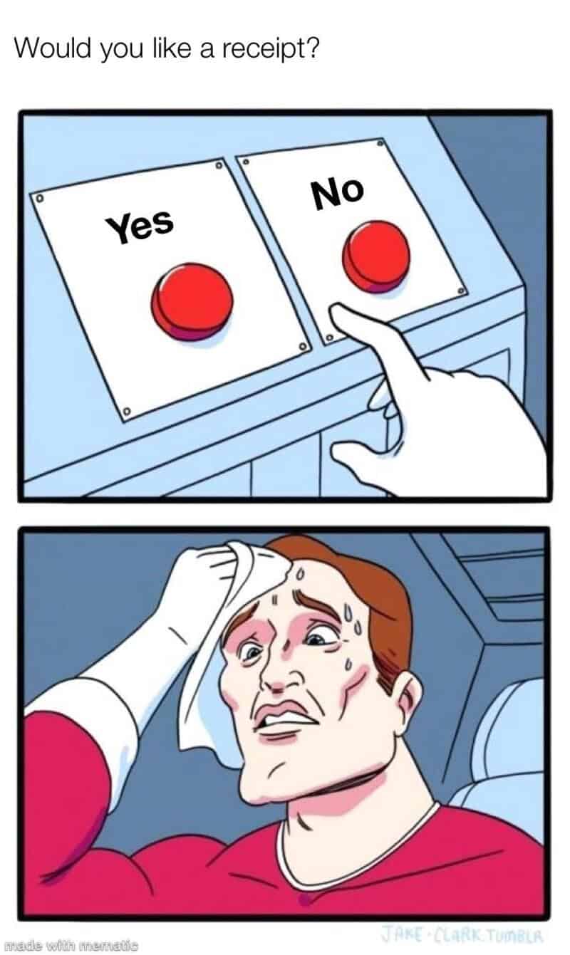 Person confused about choosing Yes or No for a receipt at self checkout.