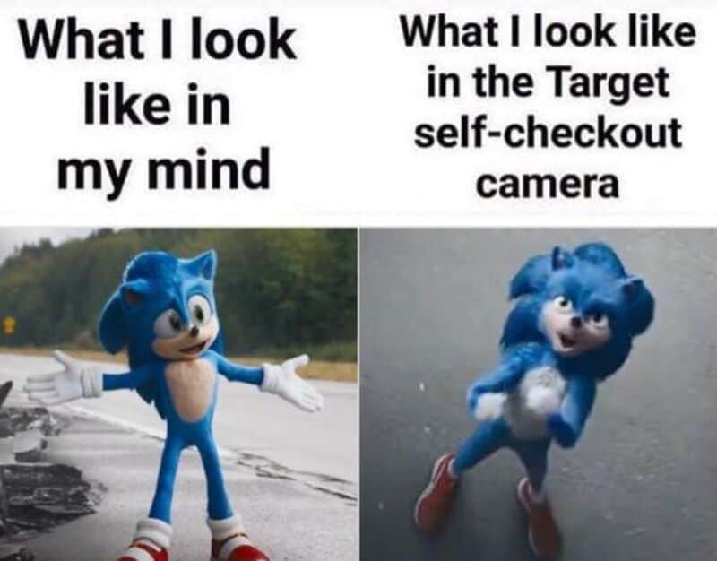 Comparison of Sonic the Hedgehog's confident pose and a blue furry toy in a self-checkout setting.