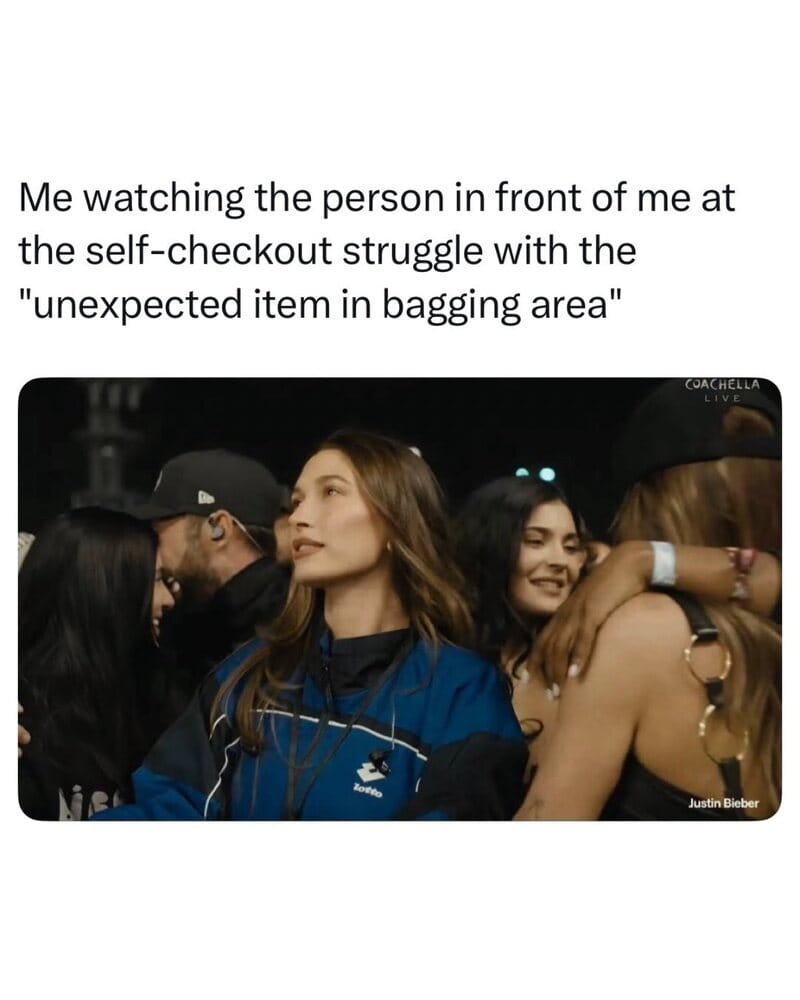 Person watching another at self-checkout struggle with unexpected item in bagging area.