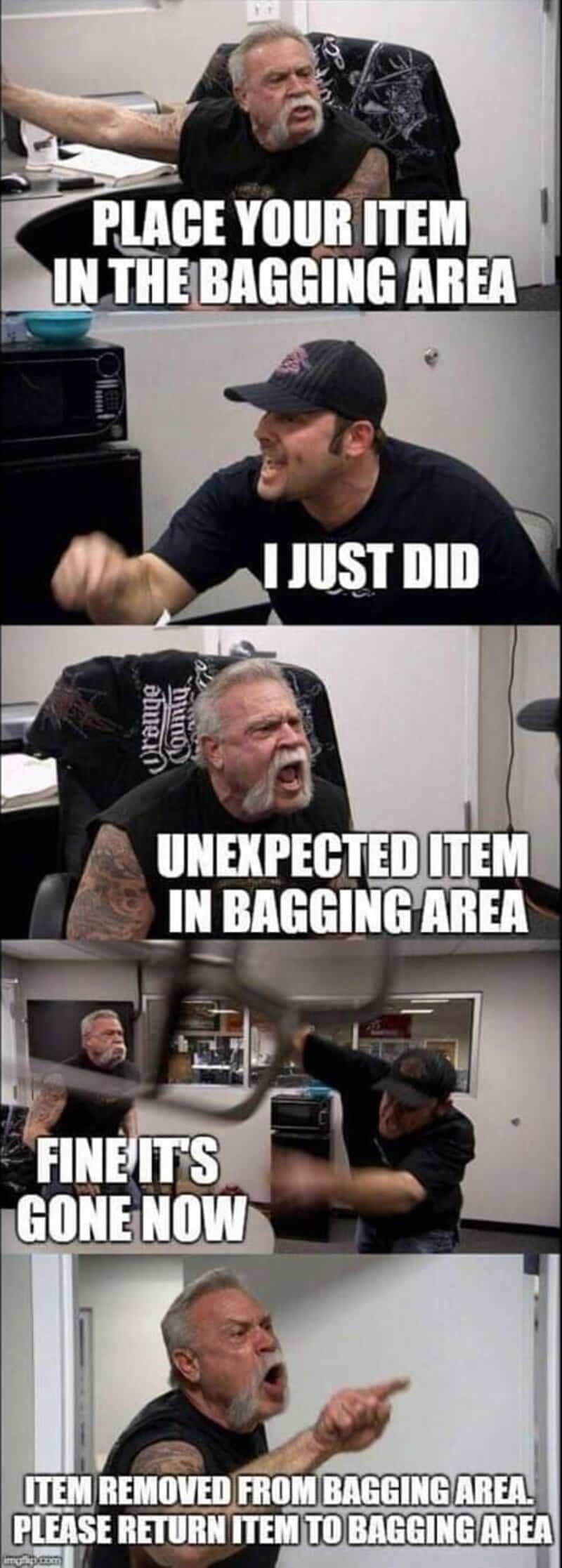 Memes about placing items in the bagging area at self checkout.
