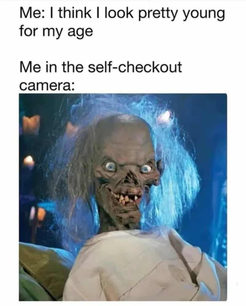 Self-checkout meme with a creepy, old, zombie-like figure with wild hair.