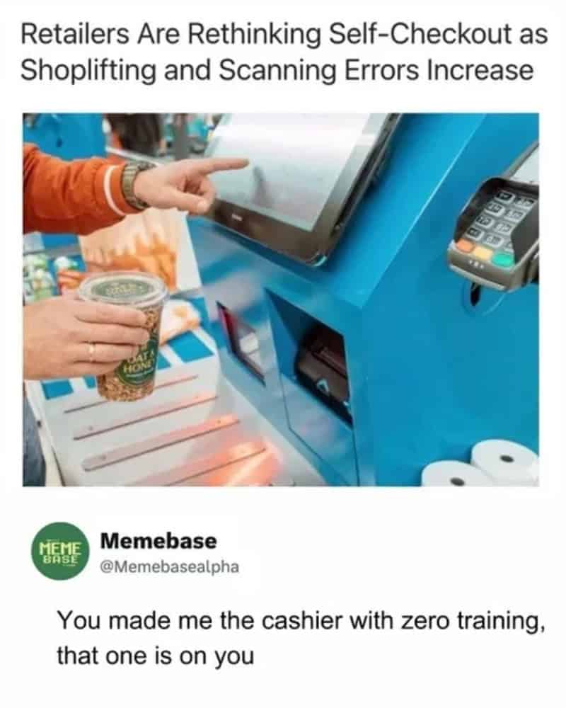 Customer using self-checkout scanner with a cashier's hand holding a drink.