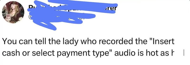 You can tell the lady who recorded the 'Insert cash or select payment type' audio is hot.