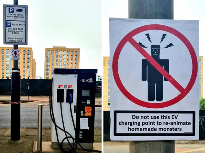 No EV charging or re-animating monsters sign at charging station.