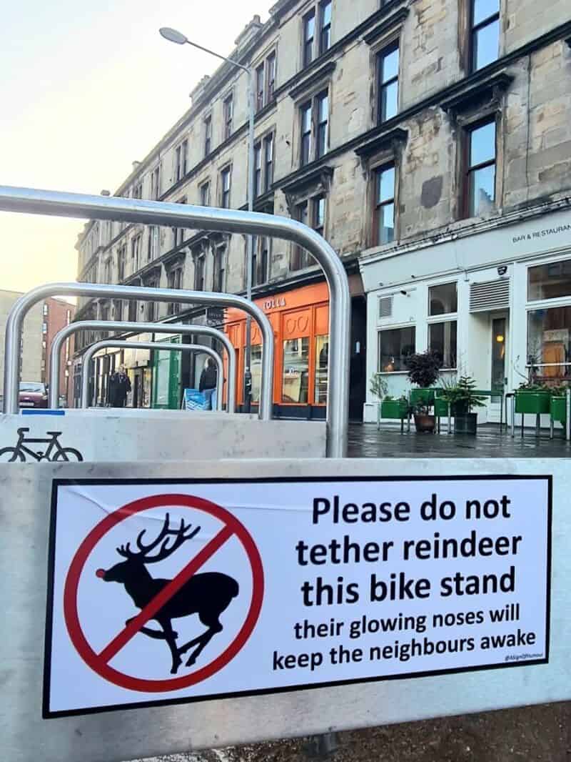 Please do not tether reindeer this bike stand, their glowing noses will keep neighbours awake.