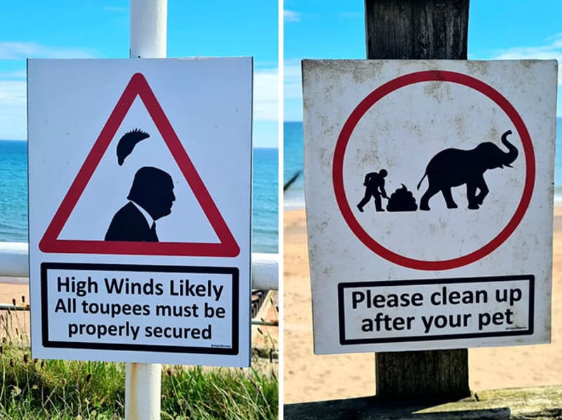 Humorous beach signs about wind and pet cleanup with silhouettes and text.