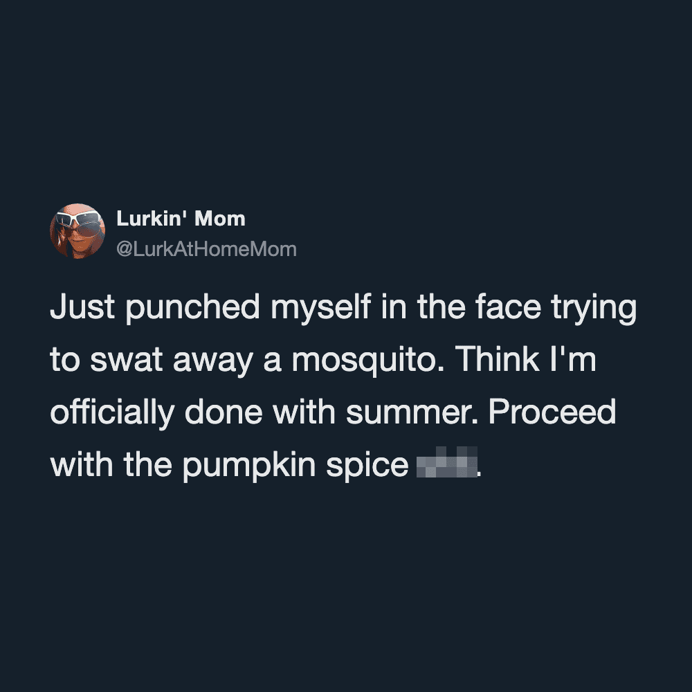 Lurkin' Mom's tweet about swatting away a mosquito and feeling done with summer.