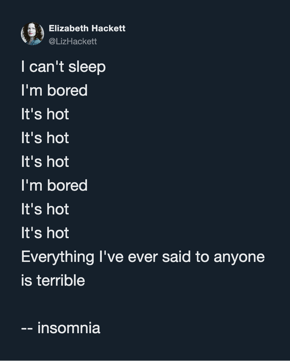 Elizabeth Hackett's tweet about insomnia, boredom, and hot weather.