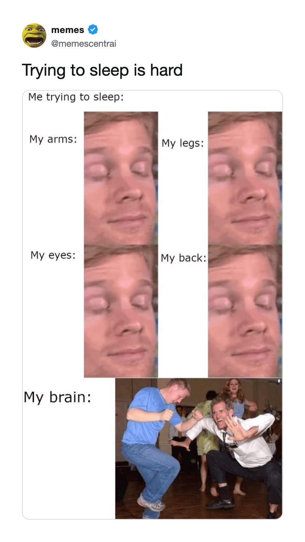 Memes about struggling to sleep with funny images of a person in bed and a humorous scene.