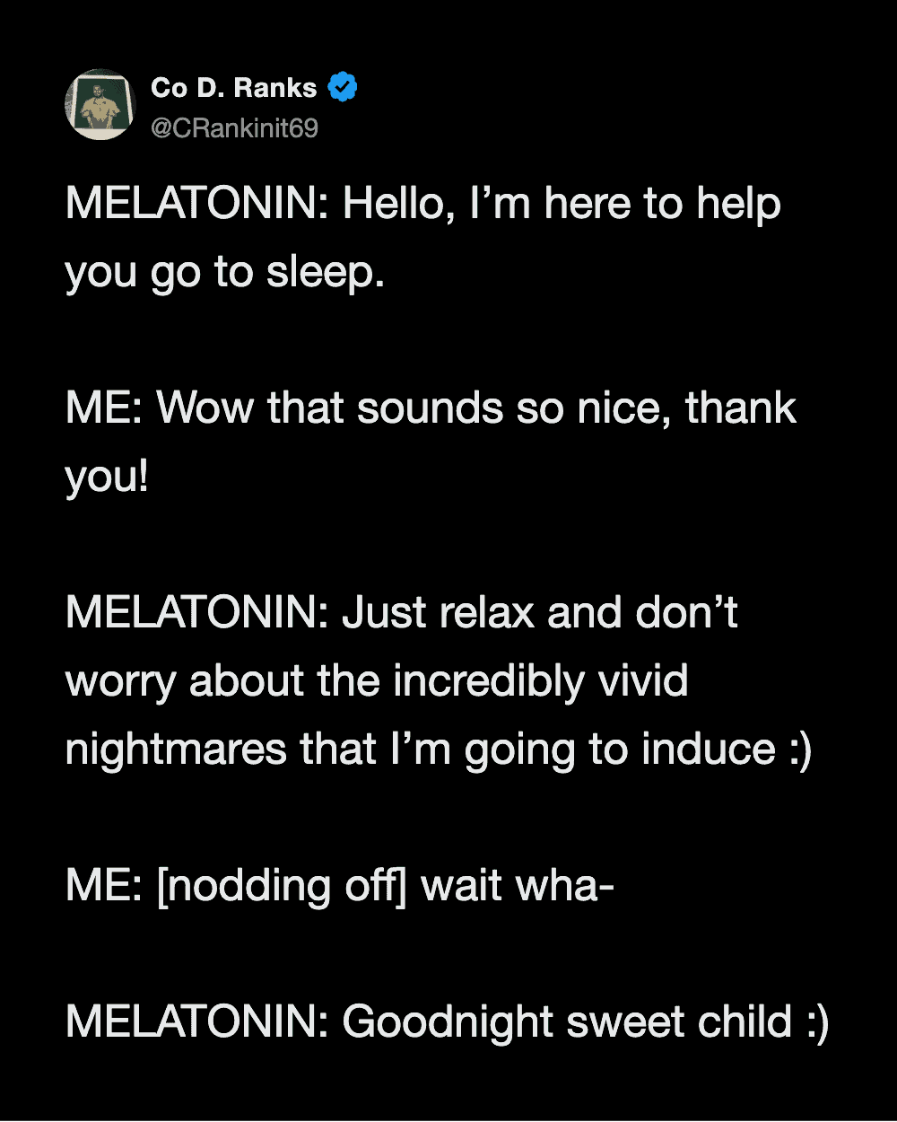 Twitter conversation about melatonin and sleep, with a humorous tone.