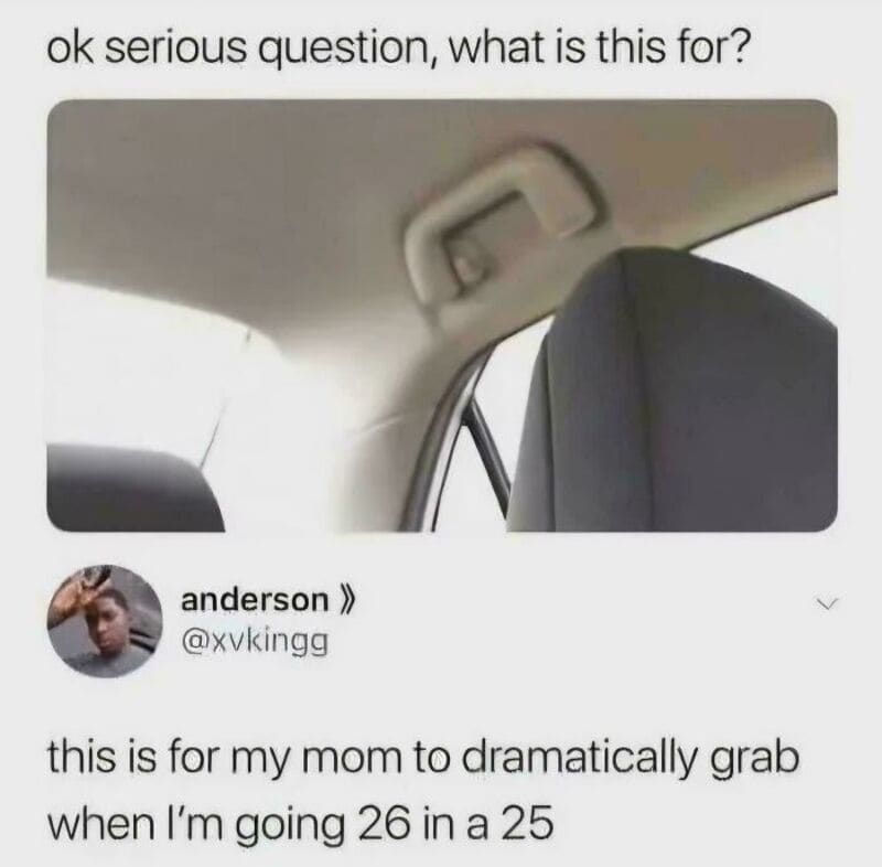 Car interior with a caption about a dramatic grab for mom at age 26.