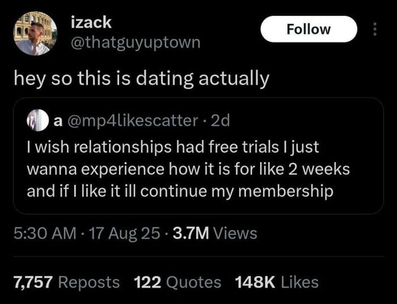 Twitter comments about dating and relationship trials, with user izack and a reply about free trials.