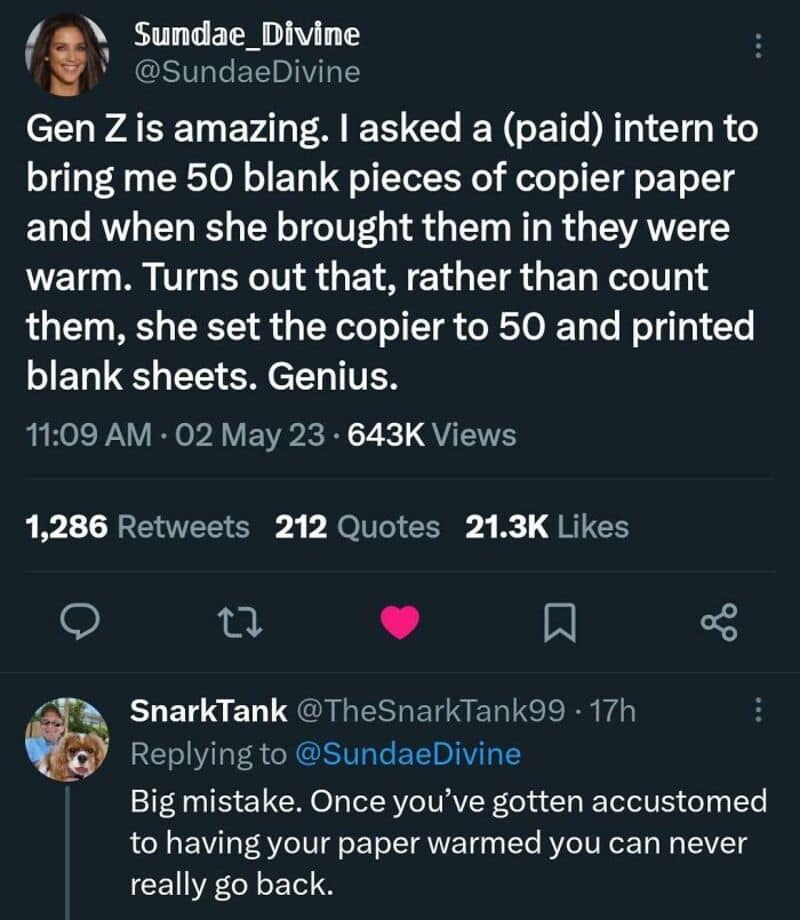 Twitter comment about Gen Z intern bringing 50 blank copier paper sheets.