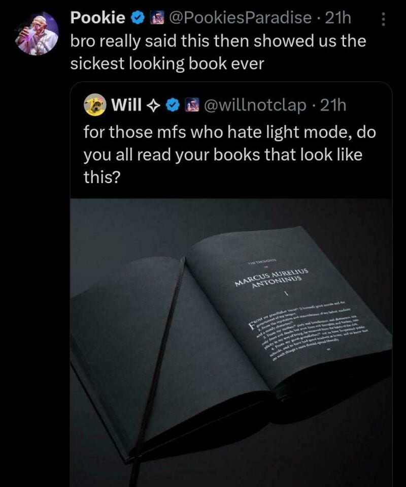 Twitter comments about a dark book with the title 'Marcus Aurelius Antoninus'.