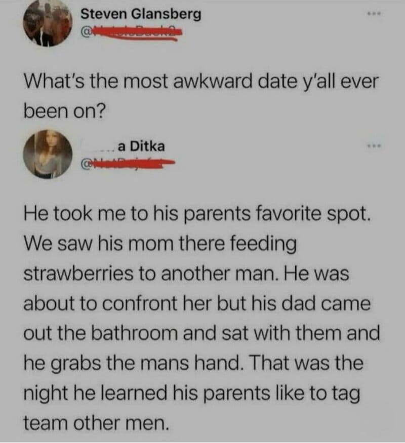 Twitter comments about an awkward date involving a family feeding strawberries.