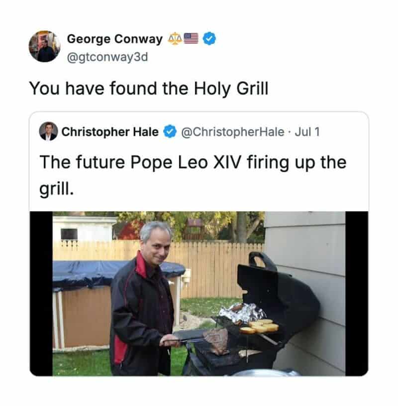 George Conway's tweet about finding the Holy Grill, with a photo of a man grilling.