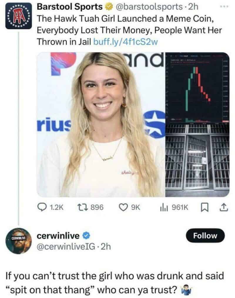 A young woman with long blonde hair smiling, with a stock chart and social media post in the image.