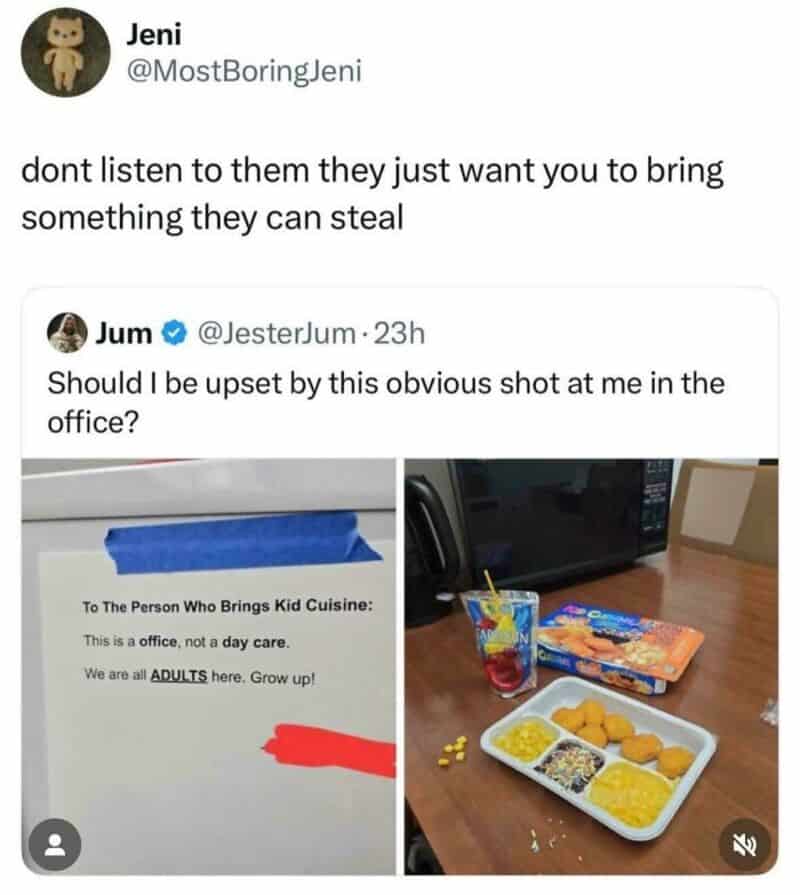 Twitter comments about office food and theft, with a photo of a lunch tray and a note.