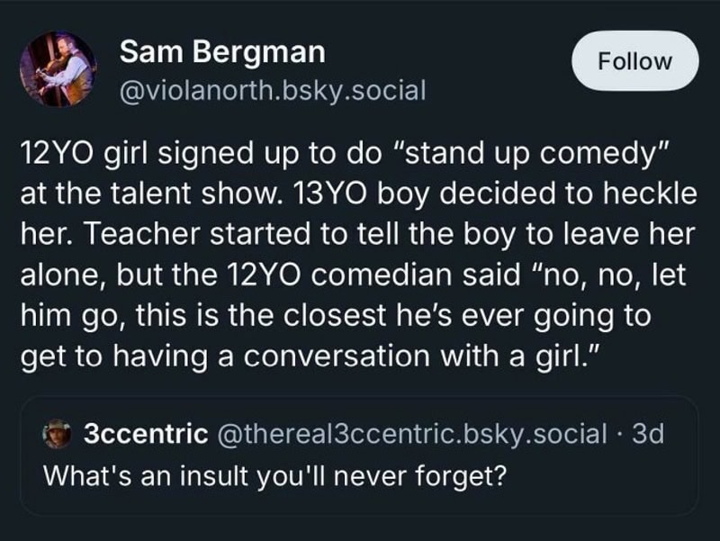 Twitter comments about a 12-year-old girl and a 13-year-old boy at a talent show.