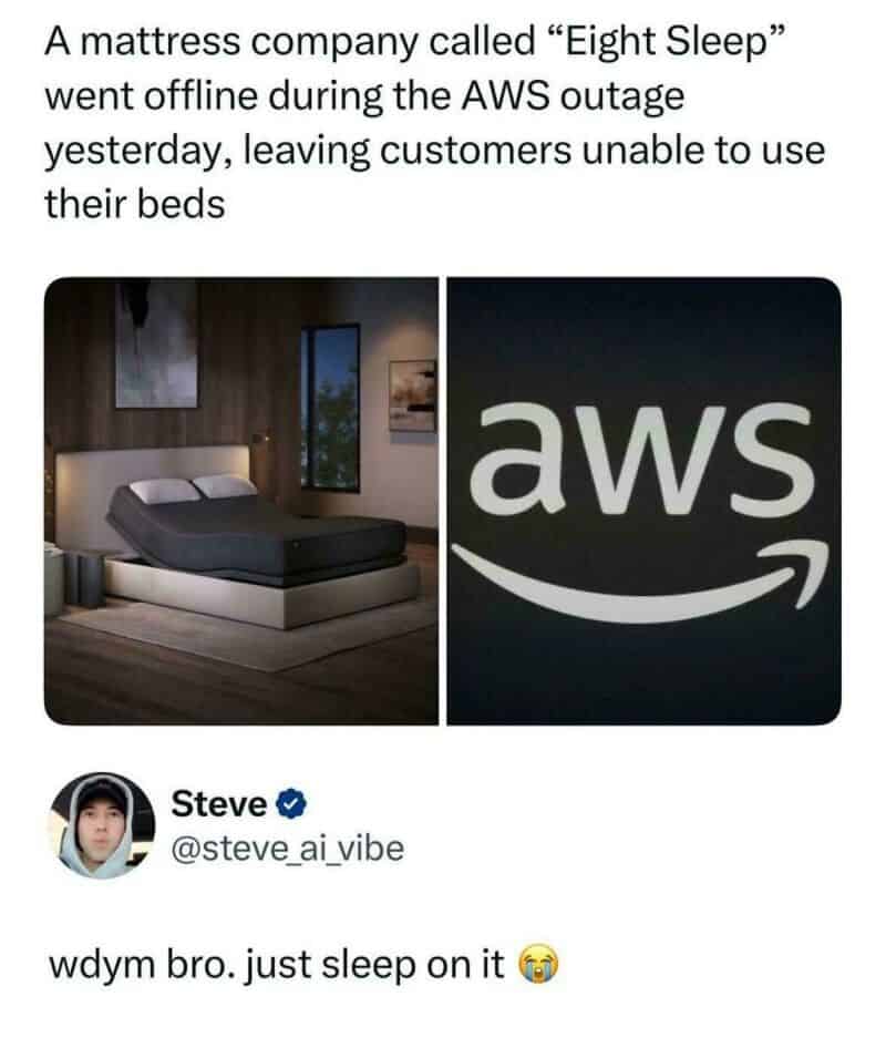 A bedroom with a mattress and a dark room, next to the AWS logo, with a tweet from Steve saying 'wdm.