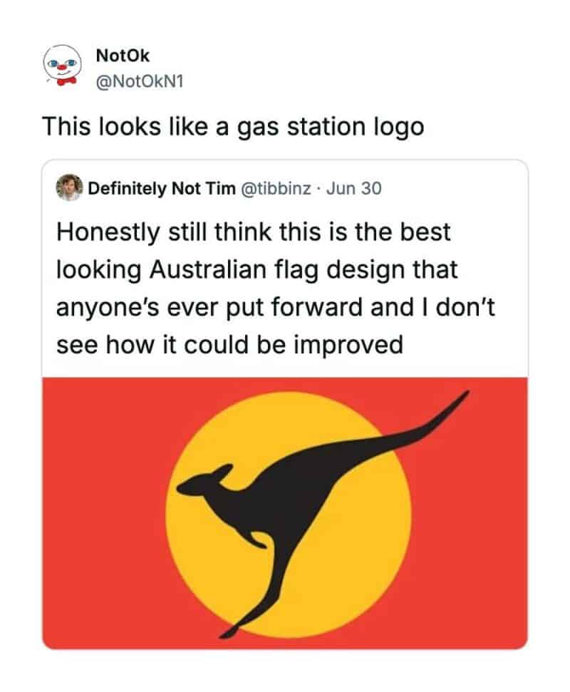 Australian flag design with a kangaroo silhouette in front of a yellow circle.