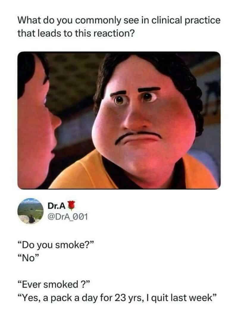Meme with a cartoon character with a sad face, asking about clinical practice reactions.