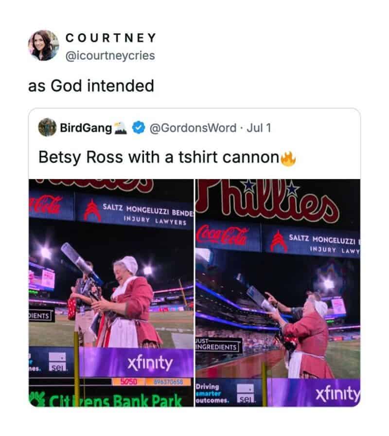 Betsy Ross with a T-shirt cannon at a baseball game, two images side by side.