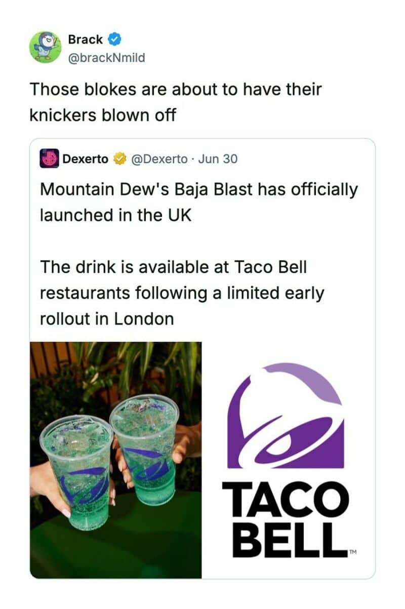 Twitter comments about Mountain Dew's Baja Blast launch and Taco Bell drinks with two blue drinks in.
