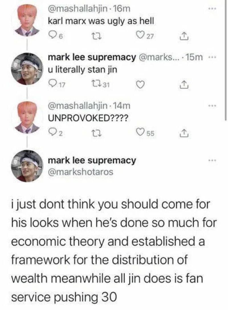 Twitter comments about Karl Marx and Jin, discussing looks and economic theory.