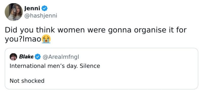 Twitter comments about women's day and men's silence, with Jenni's reaction and Blake's original.