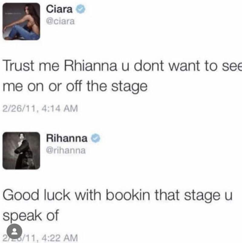 Twitter comments from Ciara and Rihanna about stage appearances.