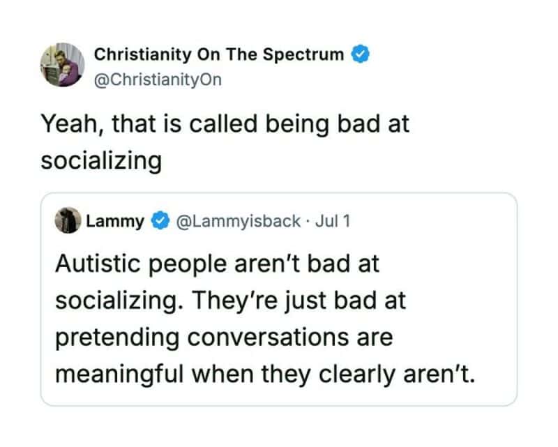 Christianity On The Spectrum's tweet about socializing, referencing Lammy's tweet.