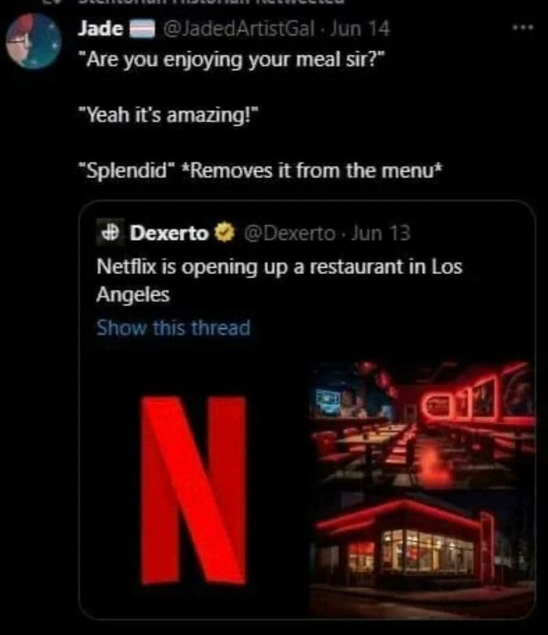Twitter comments about Netflix opening a restaurant in Los Angeles.