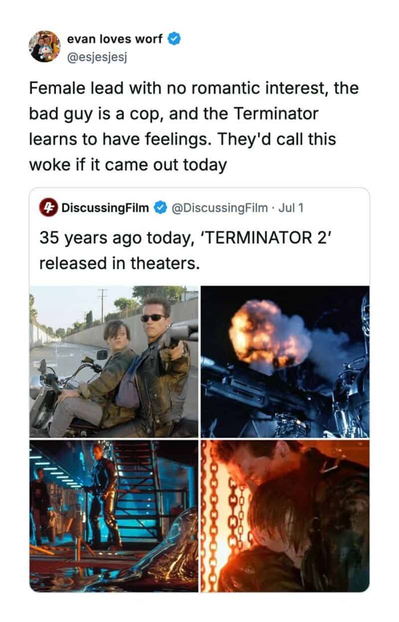 Twitter comment about 'Terminator 2' and feelings, with images of characters and scenes.