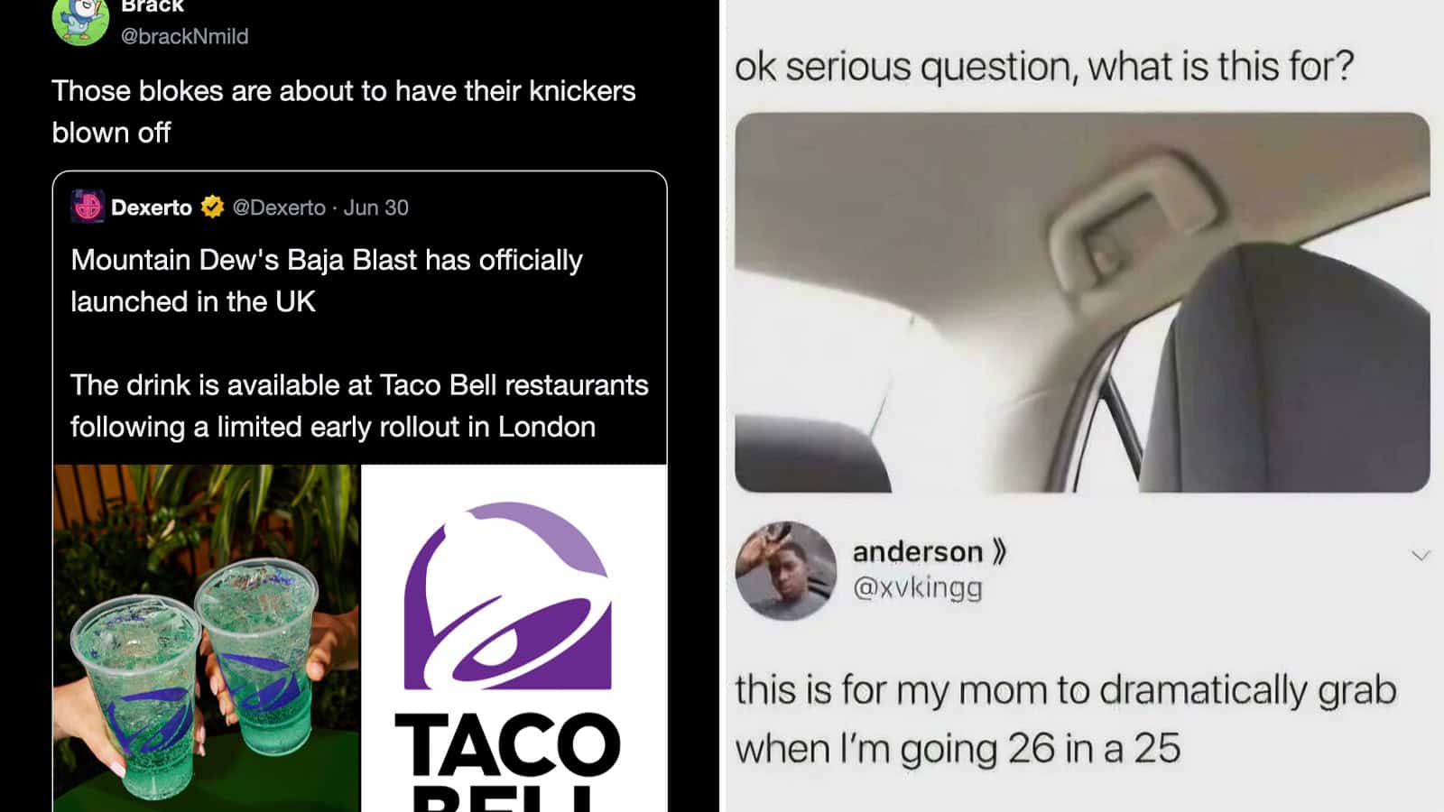 A collage of two tweets, one about Mountain Dew Baja Blast launch and Taco Bell drinks, and another,.