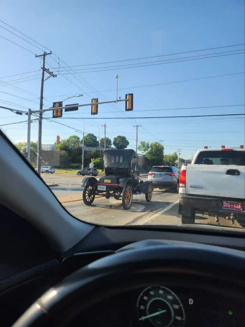Vintage horse-drawn carriage at a traffic light in modern traffic.