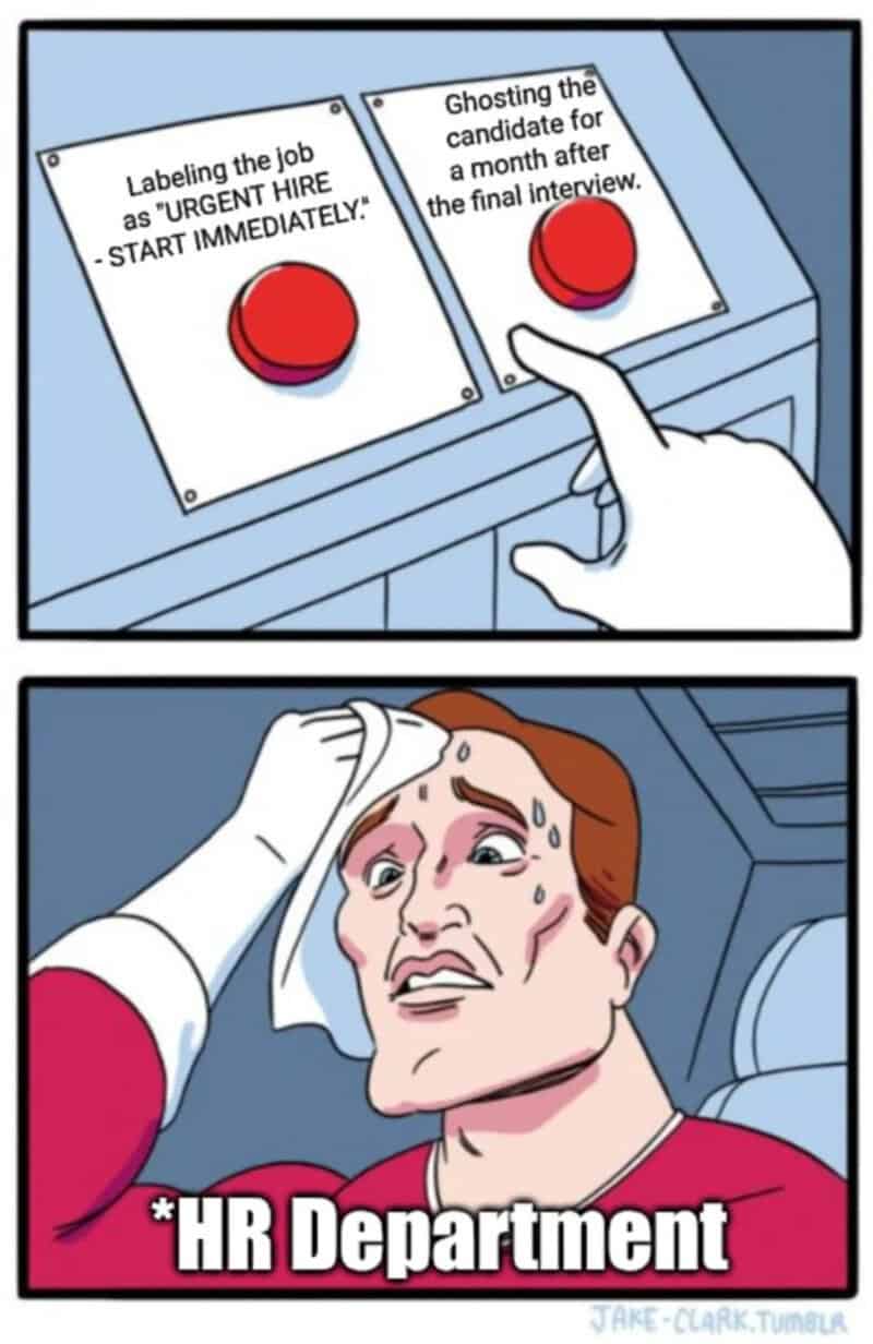 Two buttons labeled 'Labeling the job as 'URGENT HIRE' and 'Ghosting the candidate' with a person in.