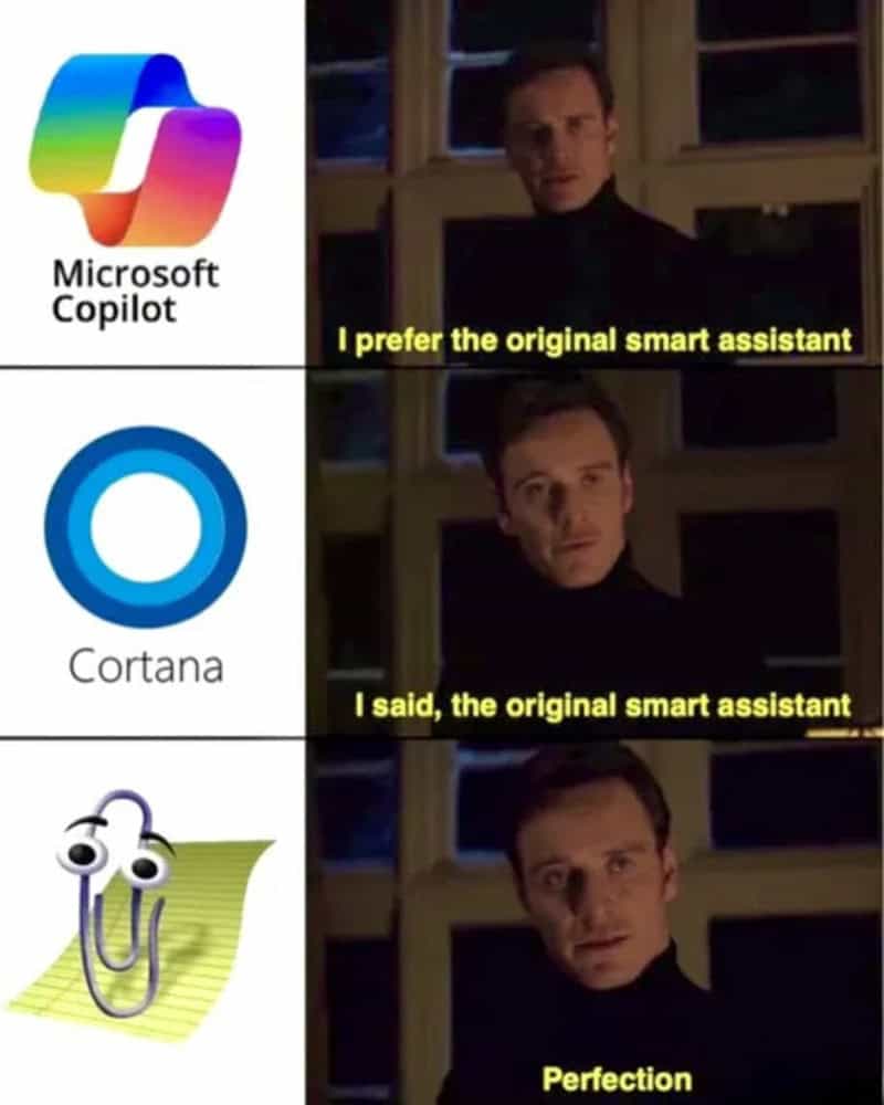 Comparison of Microsoft Copilot, Cortana, and Clippy with humorous captions.