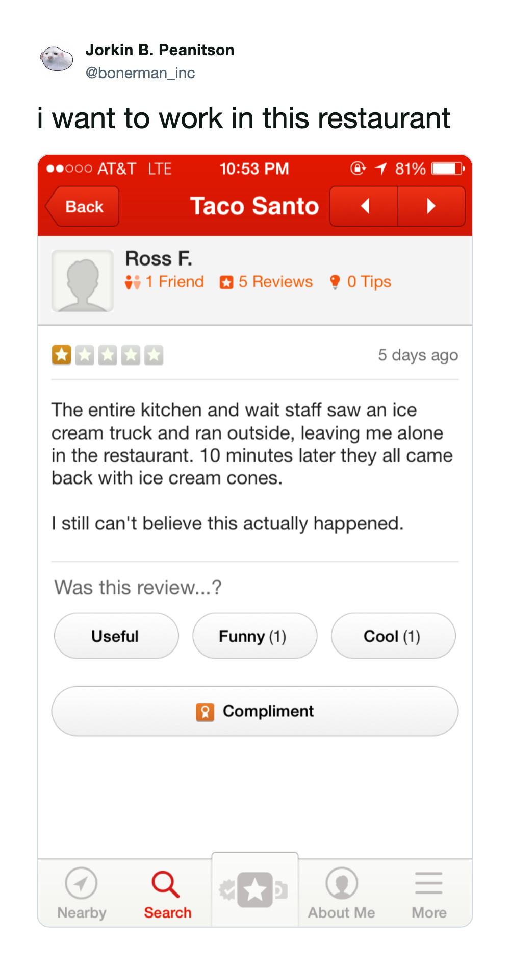 Review of Taco Santo restaurant with ice cream truck incident and wait staff.