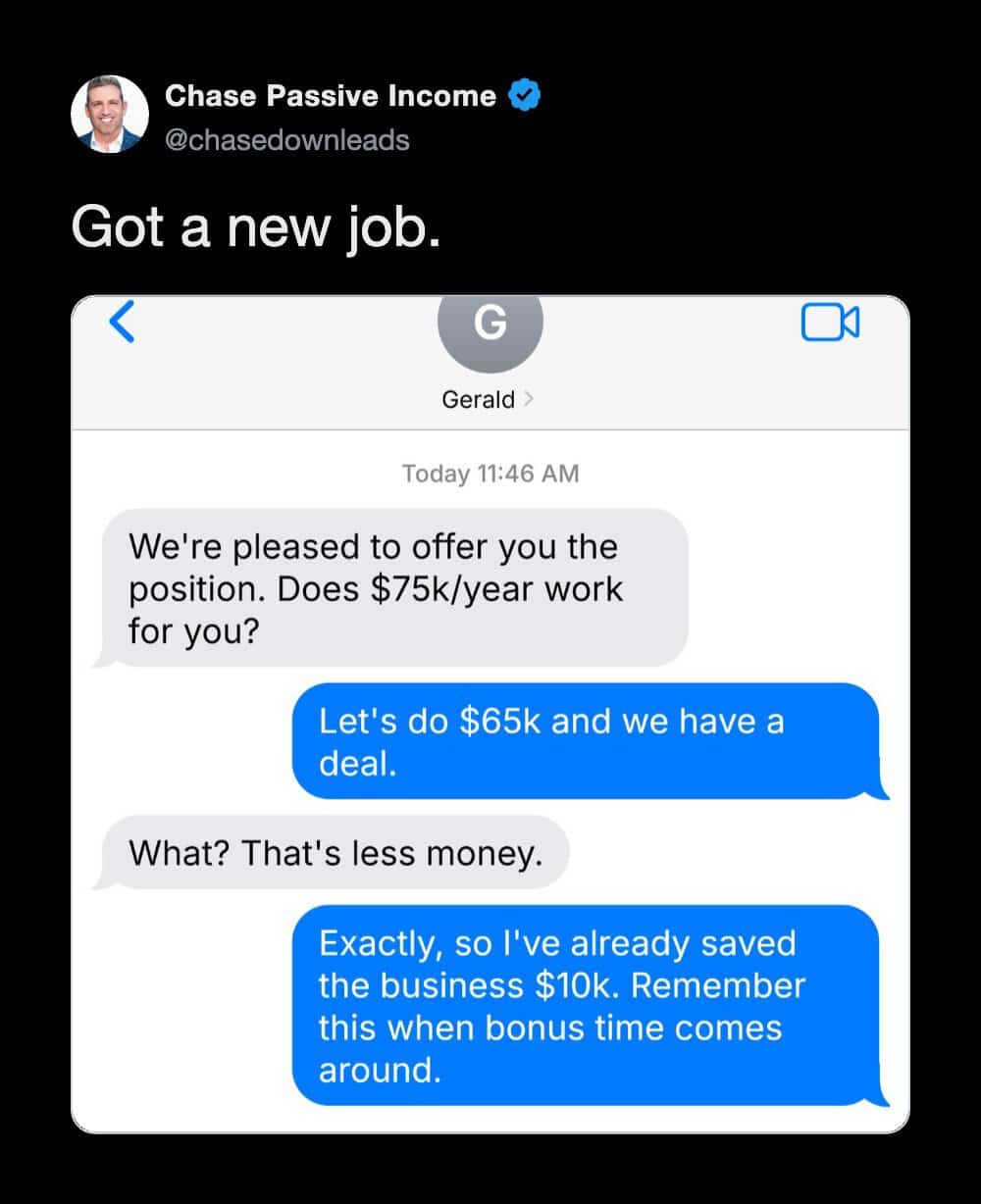 Screenshot of a chat conversation about a new job offer and salary negotiations.