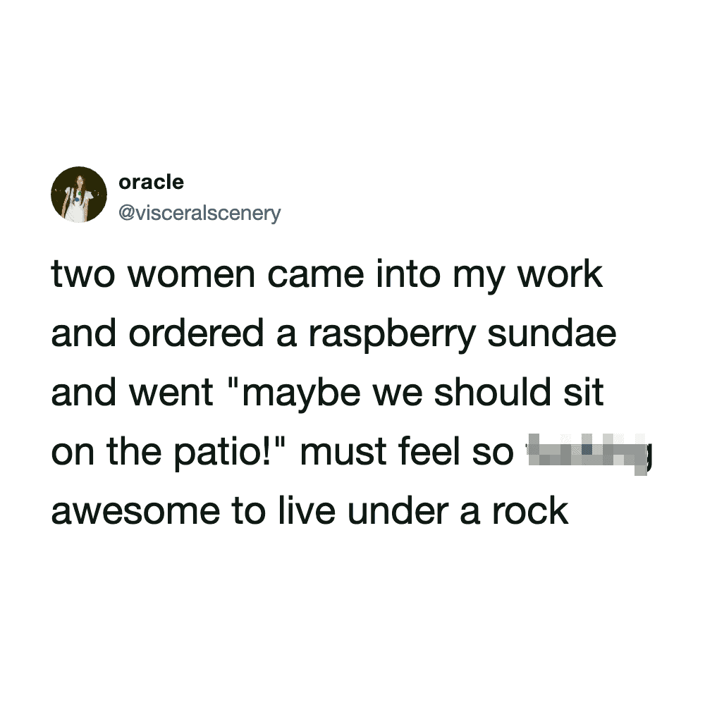 Two women at work ordered raspberry sundaes, sitting on the patio, feeling awesome.