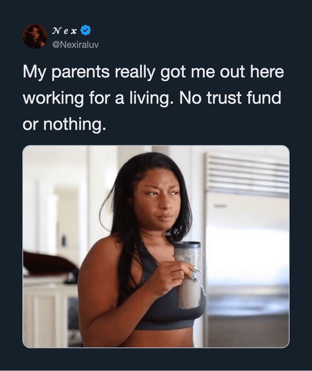 Woman looking confused while holding a jar, with a tweet about parents and trust fund.