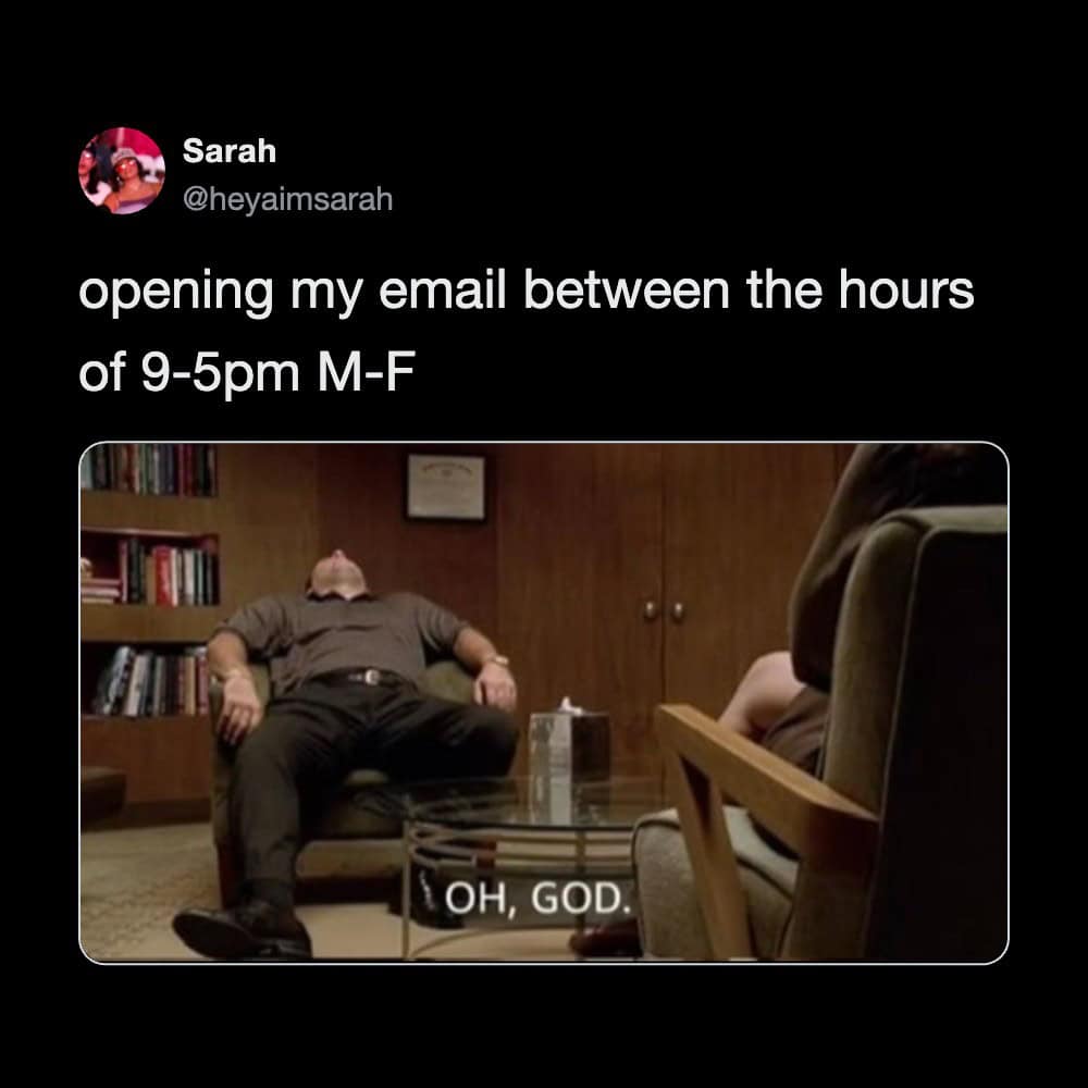 Person slumped in chair with caption 'OH, GOD.' in office setting.
